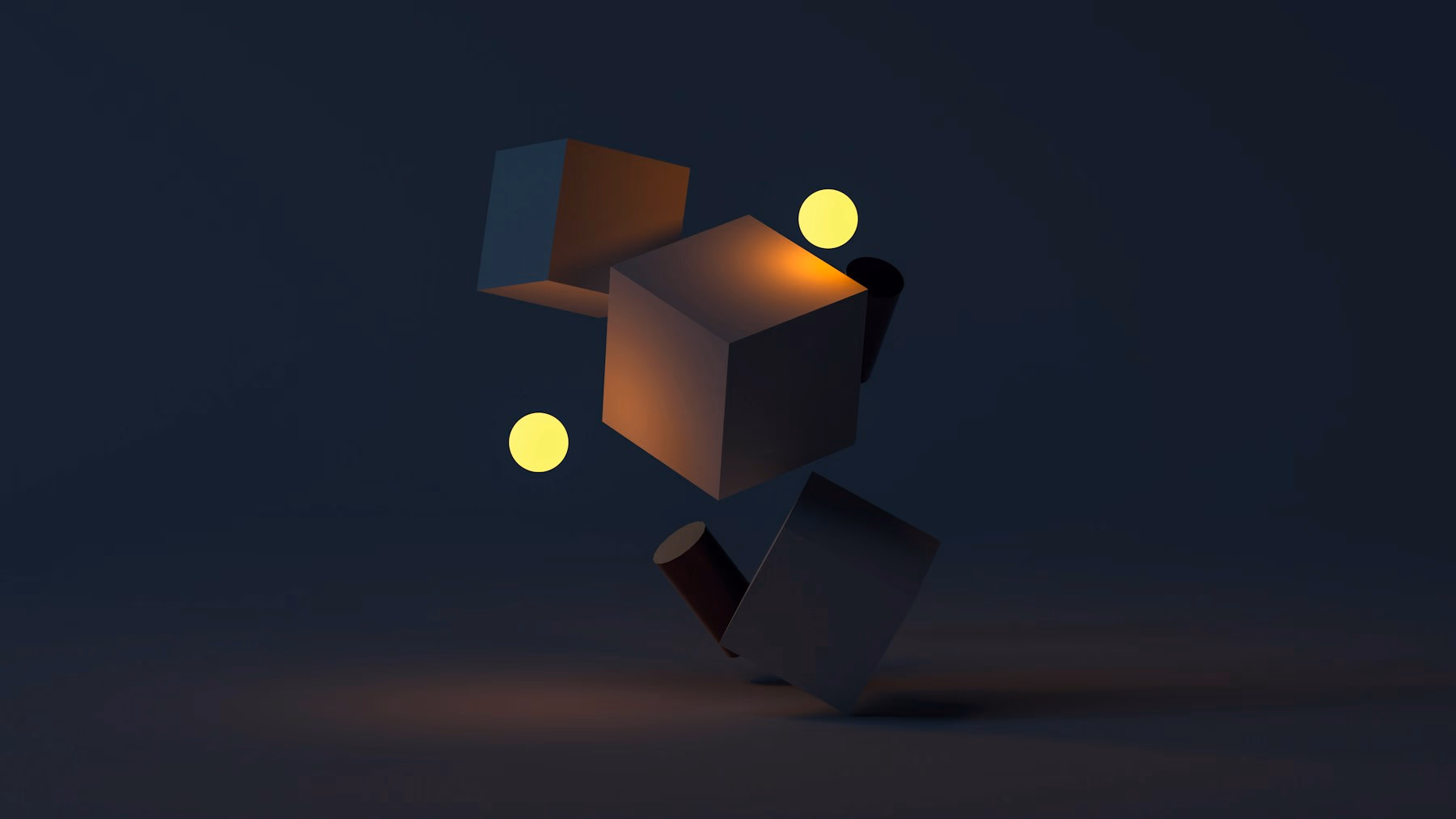 Abstract 3D cubes and spheres suspended in a dark, softly lit studio scene.