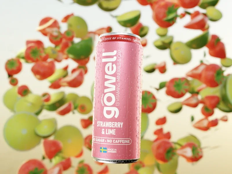 Finished strawberry-and-lime product render with colorful floating fruit