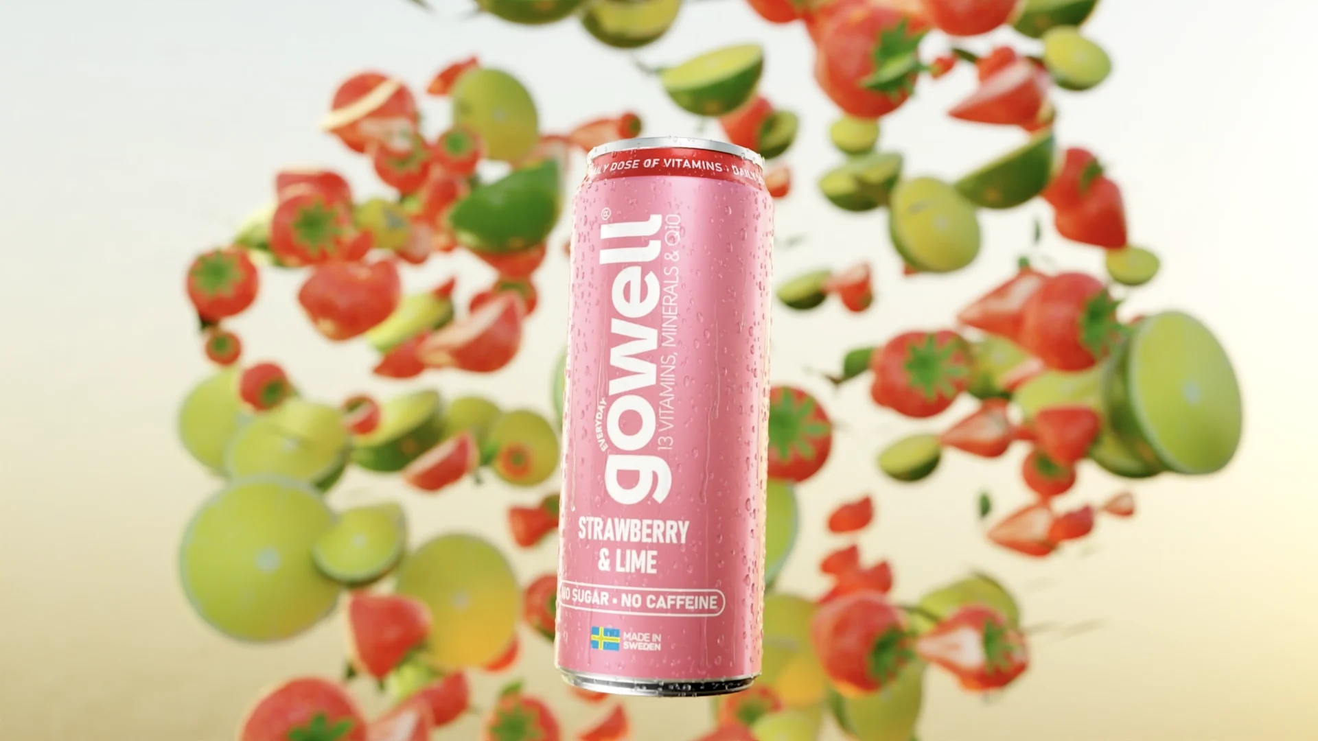 Finished strawberry-and-lime can surrounded by floating fruit